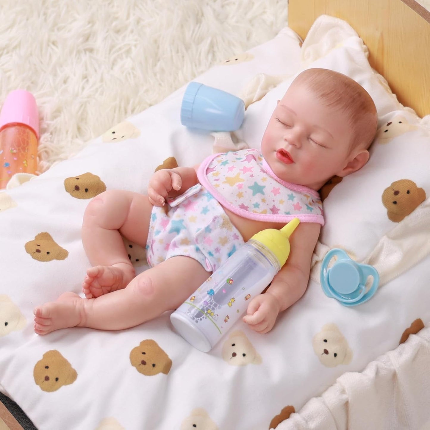 BABESIDE Baby Doll Accessories Set - 10 Pcs Feeding and Caring Set for 12-15 Inches Dolls Including Bottles with Disappearing Milk, Pacifier, Bibs, Diapers, Doll Pretend Play Gift for Kids