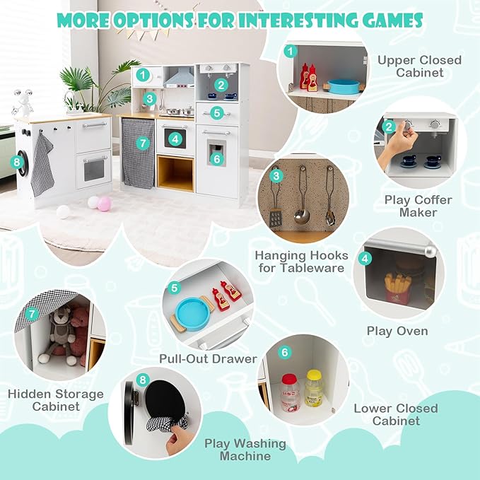 HONEY JOY Kids Kitchen Playset, 2-Piece Modular Wooden Corner Toy Kitchen Set/Washing Machine & Sink, Coffee Maker, Range Hood & Stove, Stool, Little Chef Pretend Play Kitchen for Toddlers, Natural