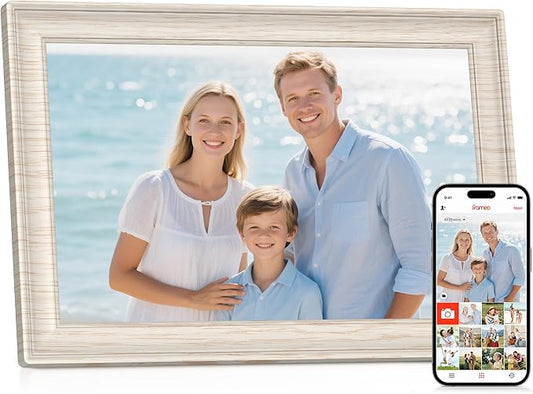Frameo 10.1" WiFi Digital Picture Frame with 32GB Memory, 1280 x 800 IPS HD Touch Screen Electronic Photo Frame, Auto-Rotate, Slideshow, Share Photos/Video Remotely Anywhere White Wood Grain
