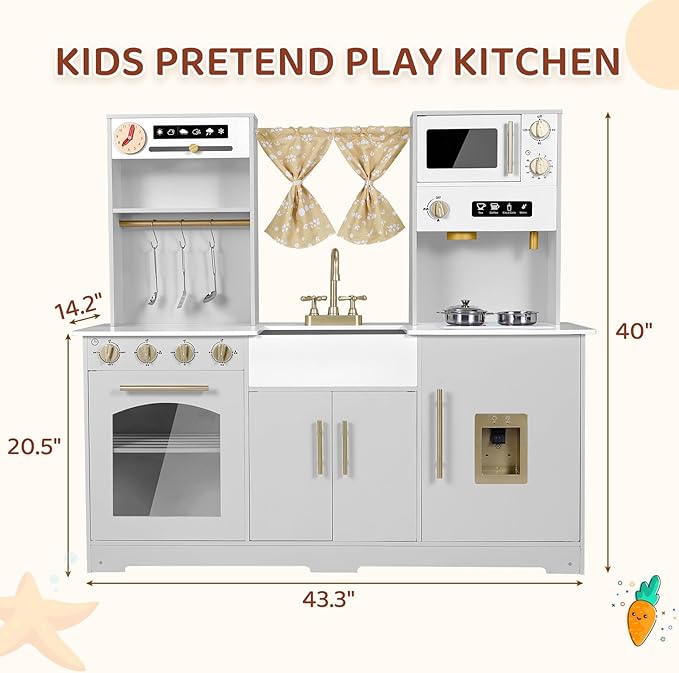 MAMIZO Kids Play Kitchen, Wooden Pretend Toy Kitchen, Large Toodler Cooking Playset, Stove and Water Dispenser w/Sound & Light, Sink, Microwave, Curtain, Modern Home Style for Ages 3+ (Gray)