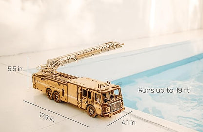 Wood Trick Rescue Firetruck Movable - Rotating Extendable Ladder - 3D Wooden Puzzles for Adults to Build - Rides up to 20 ft - Wooden Models Engineering DIY Project Mechanical Model Kit