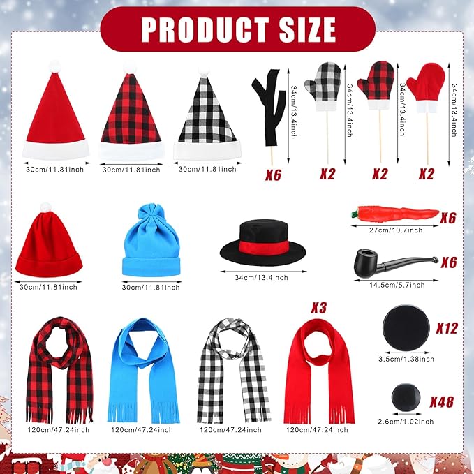 Liitrsh 96 Pcs Snowman Kit Decorating Winter Snowman Building Kits Fun Outdoor DIY Making Craft Snow Toys Accessories for Snow Family Outdoor Play Decoration Gift, 6 Sets(Round Hat)