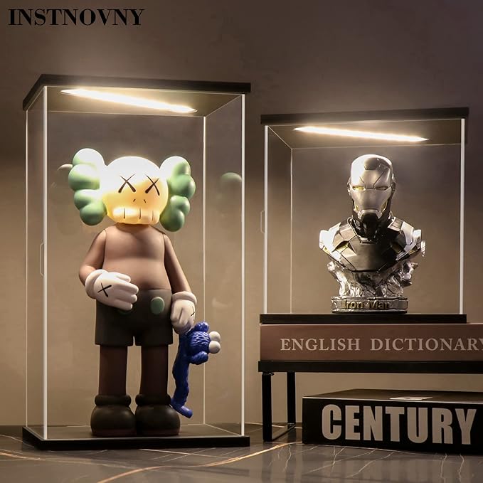 Acrylic Display Case for Collectibles Clear Acrylic Boxes for Display Action Figures Dolls Lighted Trophy Gundam Display Case Dustproof Storage Box(Black-Solid Yellow; 13.8*9.8*21.7 inch)