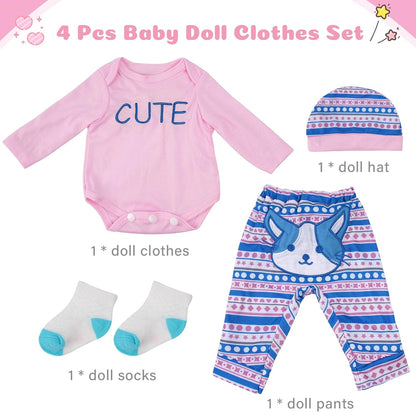 BABESIDE 4 Pcs Reborn Baby Doll Clothes Set for 17-22 Inch Babydolls, Cute Cat Pattern Baby Doll Accessories with Hat Socks for Realistic Baby Dolls Accessories, Pink