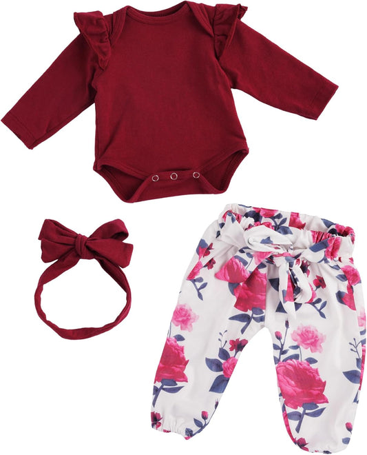 BABESIDE 3 Pcs Reborn Baby Doll Clothes for 17-22 Inch Babydolls, Floral Patterns Lifelike Baby Doll Accessories for Realistic Baby Dolls Girl, Wine Red