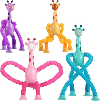 4Pcs Giraffe Pop Tube Sensory Toys, Telescopic Suction Fidget Toys for Autism, Toddler Travel & Airplane Activities, Stocking Stuffers for Kids Boys Girls
