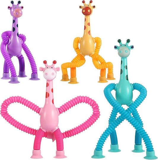 4Pcs Giraffe Pop Tube Sensory Toys, Telescopic Suction Fidget Toys for Autism, Toddler Travel & Airplane Activities, Stocking Stuffers for Kids Boys Girls