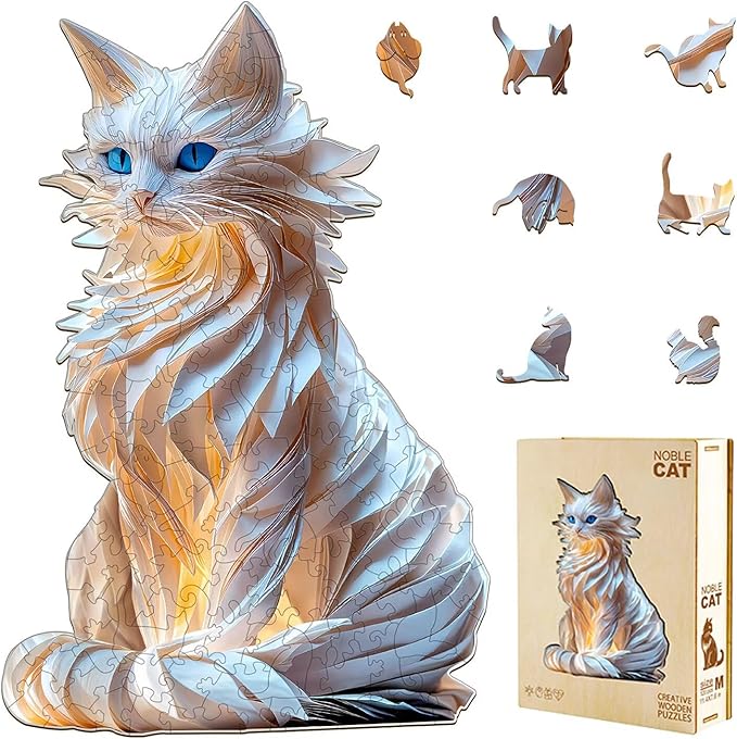 White Cat Wooden Puzzles for Adults, Unique Animal-Shaped Jigsaw Puzzles, Irregular Wood Puzzle Adult Birthday for Cat Lovers Family Friend, 80 Pieces 8.5 * 8.4in