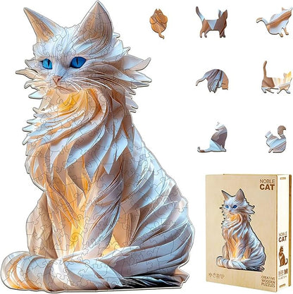 White Cat Wooden Puzzles for Adults, Unique Animal-Shaped Jigsaw Puzzles, Irregular Wood Puzzle Adult Birthday for Cat Lovers Family Friend, 80 Pieces 8.5 * 8.4in