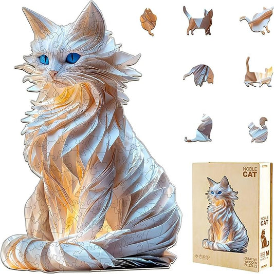 White Cat Wooden Puzzles for Adults, Unique Animal-Shaped Jigsaw Puzzles, Irregular Wood Puzzle Adult Birthday for Cat Lovers Family Friend, 80 Pieces 8.5 * 8.4in
