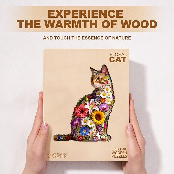 Floral cat Puzzles Adults Gifts Wooden 65 Pieces 8.5 * 6.9in