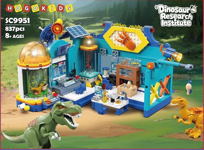 HOGOKIDS 2-in-1 Dinosaur Research Institute Building Set with Light - 837PCS Dino World Building Blocks Toys with 2 Dinosaur Figures, Dinosaur Playset Birthday Xmas Gifts for Boys Girls Age 8-14 Years