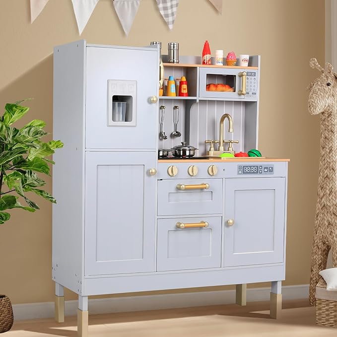 Arlopu Play Kitchen for Kids, Pretend Preschool Kitchen Sets, Wooden Cooking Playset w/Realistic Light & Sound, Telephone, Stove, Fridge, Microwave, Removable Sink, Water Dispenser (Gray)