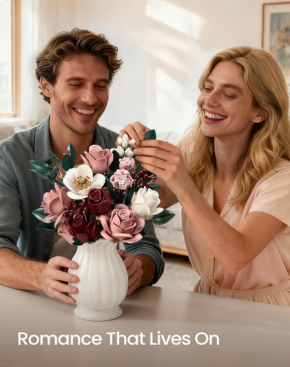 iATOM Pink Roses Flower Bouquet Building Set, Artificial Flowers Botanical Collection Kit for Adults Women & Men - Gift for Valentines Day, Home Room Office Shelf Centerpieces Decor - IA11022