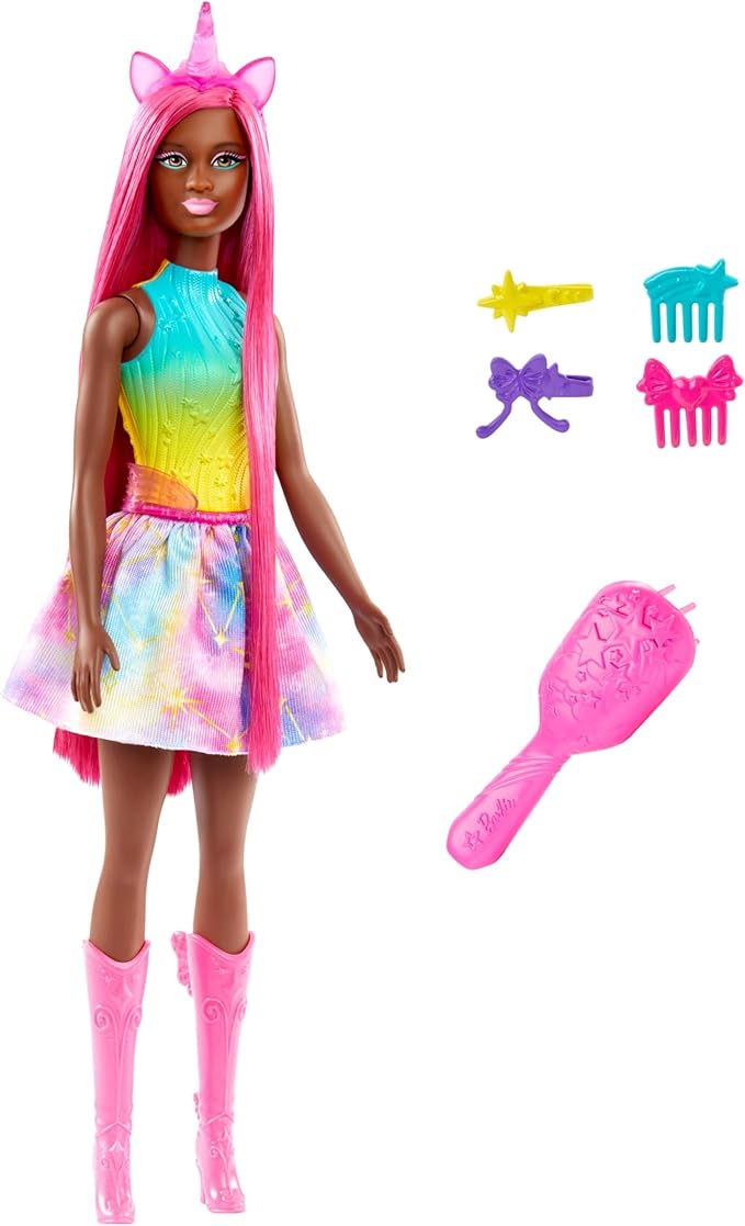 Barbie Unicorn Doll with 7-Inch-Long Magenta Fantasy Hair & Colorful Accessories for Styling Play, Themed Headband & Tail