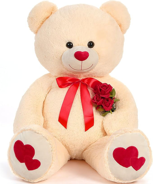 Tezituor Giant Teddy Bear Stuffed Animal 4ft - Big Teddy Bear with Love Red Heart - Large Stuffed Bear Plush Toys for Kid Christmas Birthday - Valentines Bear Gift for Girlfriend, Cream