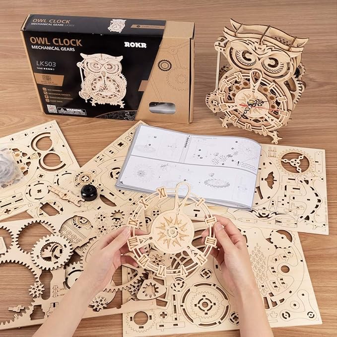 ROKR 3D Wooden Puzzles for Adults Owl Clock - Mechanical Model Building Kit DIY Hobbies for Men Women 161PCS Clock Puzzle Creative Craft Gift Home Decor for Family