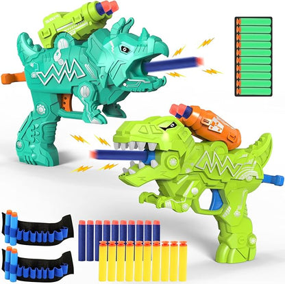 Dinosaur Toy Guns for Toddlers 3 4 5 6 7 8 Years Old, Idea Gift for Boys Birthday Valentines Easter Christmas Stocking Stuffers, Dino Blaster for Kids with 30 Foam Darts Compatible with Nerf, 2 Pack