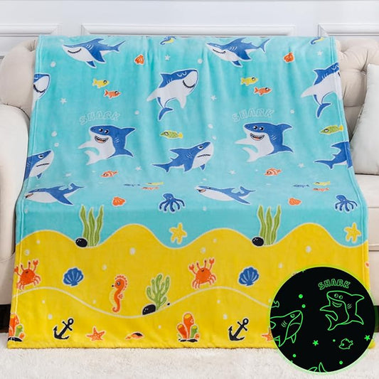 Shark Gifts for Boys Girls - Glow in The Dark Ocean Animal Blanket for Kids Grandkids Age 1-14 Years Old Child Toddler Best Birthday Valentines Easter Christmas Party Presents Soft Cozy Throw 50"x60"