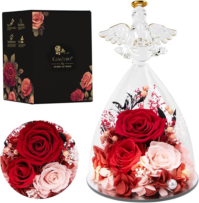 Valentines Rose Gifts for Women, 7" Red Preserved Roses Flowers in Glass Angel Figurine, Birthday Gift for Mom Wife Grandma, Eternal Rose for Mothers Day Christmas Anniversary