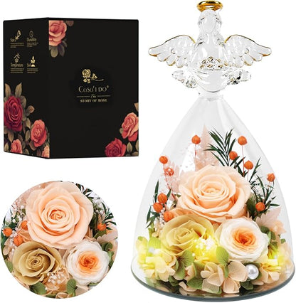 Valentines Rose Gifts for Women, 7" Champagne Preserved Roses Flowers in Glass Angel Figurine, Birthday Gift for Mom Wife Grandma, Eternal Rose for Mothers Day Christmas Anniversary
