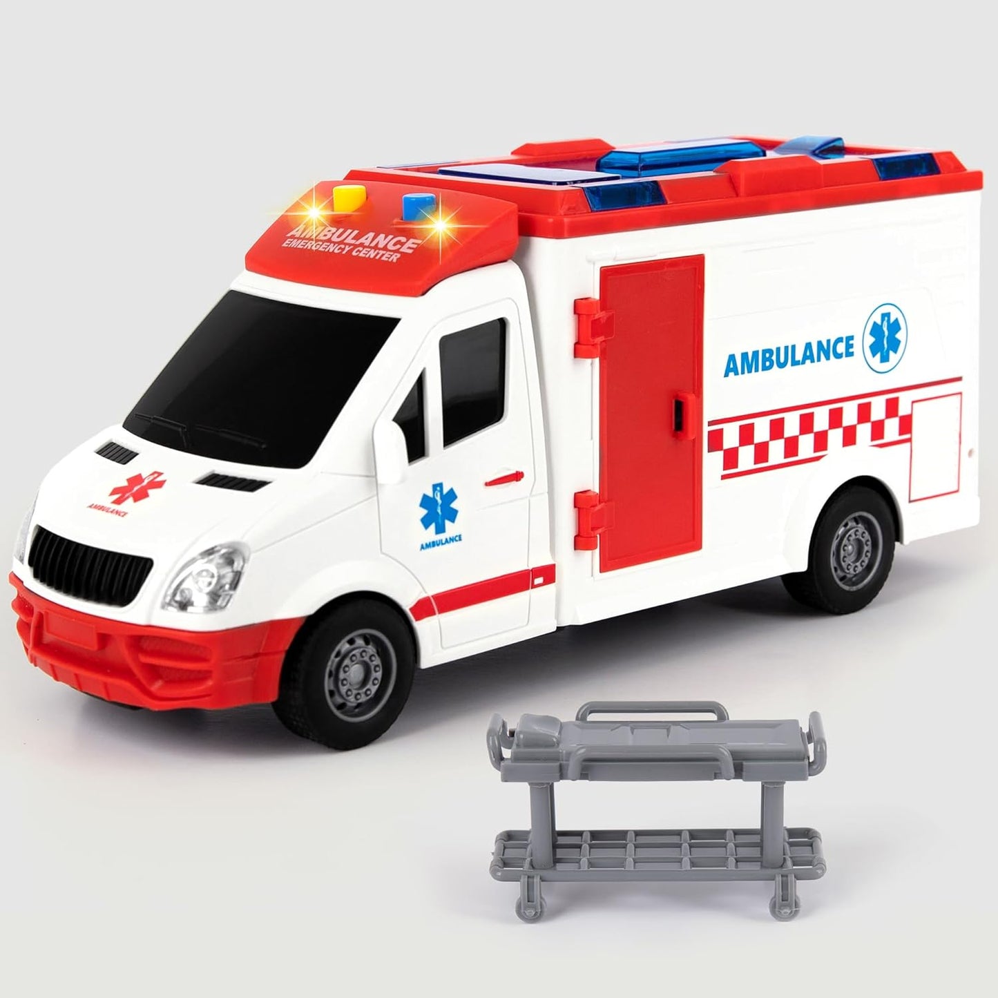ArtCreativity Ambulance Toy Truck for Kids, Lights & Siren, Friction-Powered 1/16 Scale Rescue Toy Ambulance, Emergency Vehicle Ambulance Toys for Kids 3-8 with Removable Stretcher, Doors Open