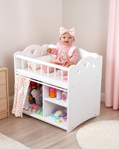 BABESIDE Baby Doll Crib & Bed with Storage, Bedding, and Accessories – Realistic Wooden Doll Bed for 12-16 Inch Baby Dolls, Perfect Baby Doll Accessories Gift for Kids Age 3+