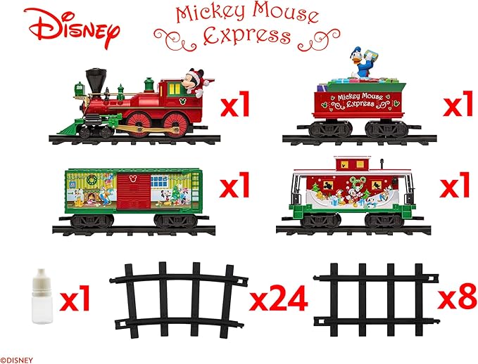 Lionel Disney Battery-Operated Mickey Mouse Express Toy Train Set with Bluetooth, Locomotive, Train Cars, & Track with Authentic Train Sounds, Lights, & Water Vapor Smoke Effects for Kids 4+
