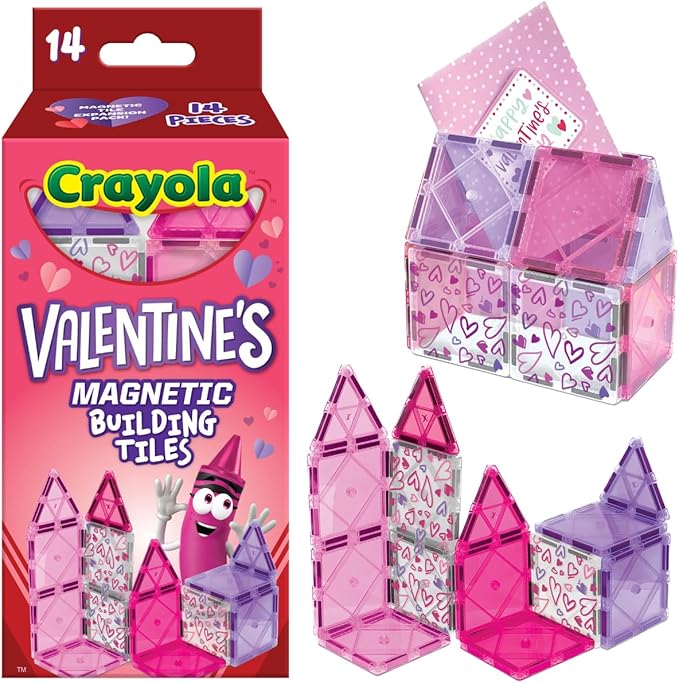 CreateOn Crayola Magnetic Tiles, Building Set for Kids, Magnetic Blocks, Travel Toys, Classroom Sensory Toys, STEM & Montessori Tools for Boys & Girls Ages 3+, 14-Piece Set (Valentines Day)