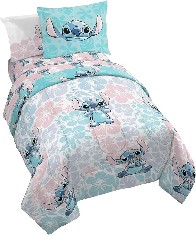 Jay Franco Disney Lilo & Stitch Twin Comforter Set - 5 Piece Bedding Includes Sheet Set & Pillow Covers - Super Soft Kids Floral Bedding