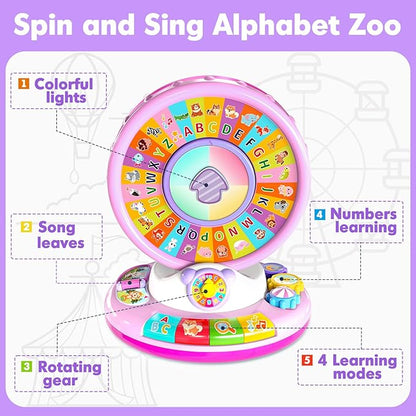Toys for 1 2 3 Years Old Boys Girls, Musical Spin & Sing Alphabet Zoo with Lights & Sounds, Learning Educational Toys for Toddler 1-3, Christmas Birthday Gifts for Baby Kids Age 6-9-12-18 Months