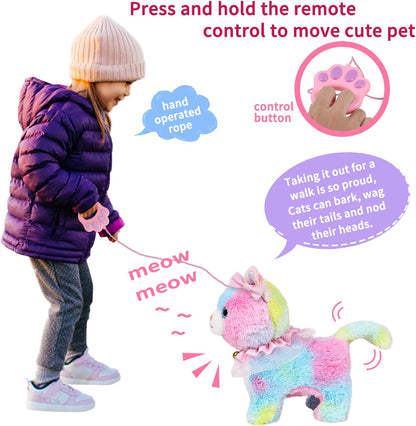 Interactive Electronic Plush Toy Walking and Barking Robot Cat Plush Cat Remote Control Kitten for Girls (Colorful Cat)