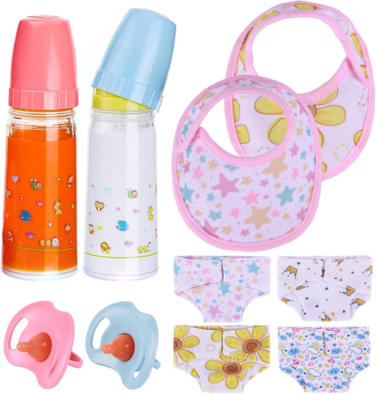 BABESIDE Baby Doll Accessories Set - 10 Pcs Feeding and Caring Set for 12-15 Inches Dolls Including Bottles with Disappearing Milk, Pacifier, Bibs, Diapers, Doll Pretend Play Gift for Kids