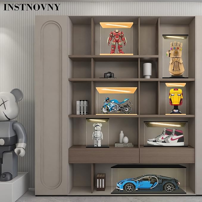 Acrylic Display Case for Collectibles Clear Acrylic Boxes for Display Action Figures Dolls Lighted Trophy Gundam Display Case Dustproof Storage Box(Black-Solid Yellow; 13.8*9.8*21.7 inch)