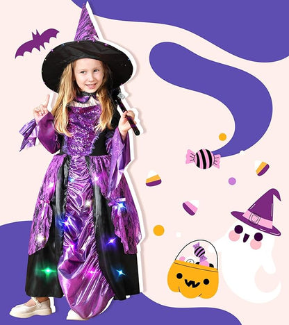 Meland Witch Costume for Girls - Light up Halloween Costumes for Kids Girl Dress up, Witch Dress for Toddler Girls Ages 3-10