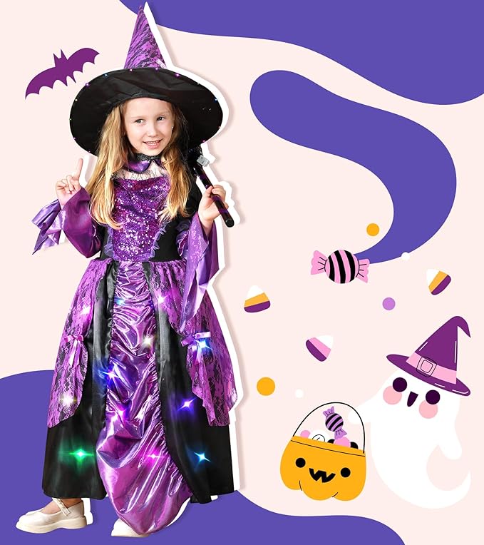 Meland Witch Costume for Girls - Light up Halloween Costumes for Kids Girl Dress up, Witch Dress for Toddler Girls Ages 3-10