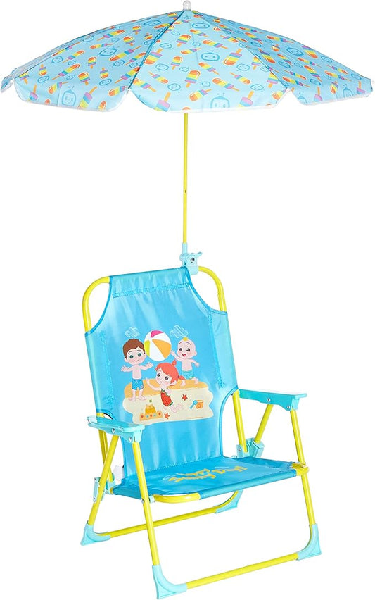 Idea Nuova CoComelon Kids Folding Beach Chair with Umbrella – Outdoor Portable Chair for Ages 3+, Lightweight with Safety Lock, Perfect for Beach, Park, or Backyard