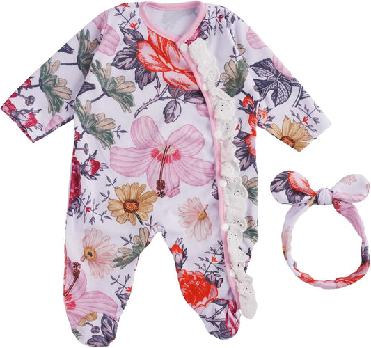 BABESIDE 2 Pcs Reborn Baby Doll Clothes with Headband for 17-22 Inch Babydolls, Floral Patterns Reborn Baby Doll Accessories for Realistic Newborn Dolls Girls, Pink