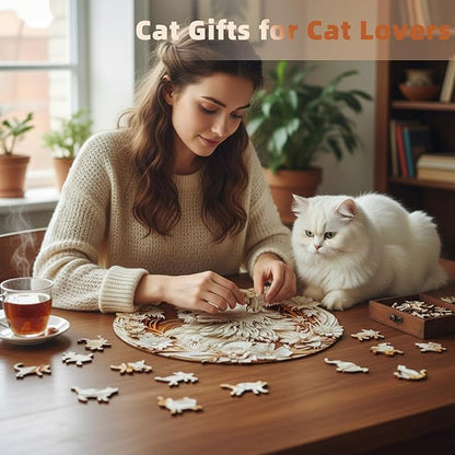 Wooden Puzzles Adults, 3D Cute Cat Wooden Puzzles 200 Pieces, Unique Animal Shaped Wood Challenging Jigsaw Puzzles Gifts for Adults, 11.4x11.4in