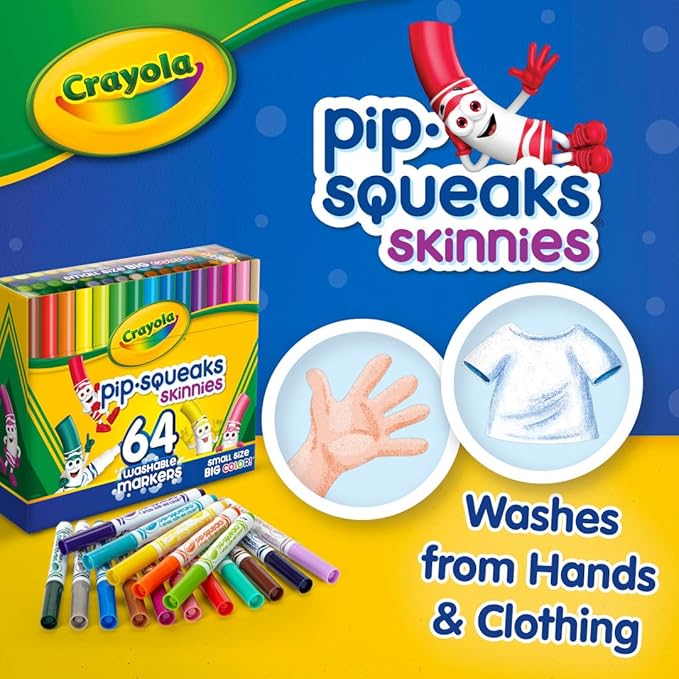 Crayola Pip-Squeaks Skinnies Washable Markers (64ct), Mini Markers for Kids, Coloring Markers, Craft Supplies, Kids Holiday Gift, 3+