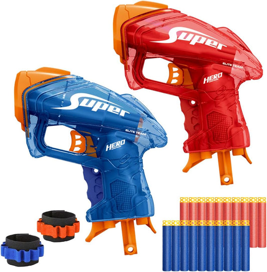 2 Pack Mini Blaster Guns Set for Nerf, Small Toys Pistol for Boys Christmas Stocking Stuffers for Kids Toddlers Age 3-5 5-7 8-12 Year Olds Birthday Gifts - 20 Refill Foam Darts 2 Wristbands
