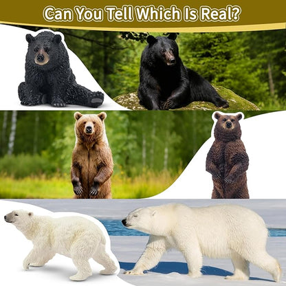 Toymany 6PCS Realistic Bear Figurines Set - Plastic Bears Toy with Grizzly, Black Bear, Polar Bear and Cubs, Wild Animals Figures Education Toy Cake Toppers Christmas Birthday Gift for Kids Toddlers