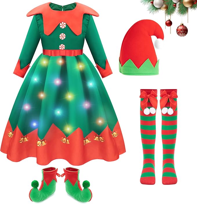 Meland Light Up Christmas Costumes for Girls with Elf Shoe Covers - Elf Outfit for Kids 4-12
