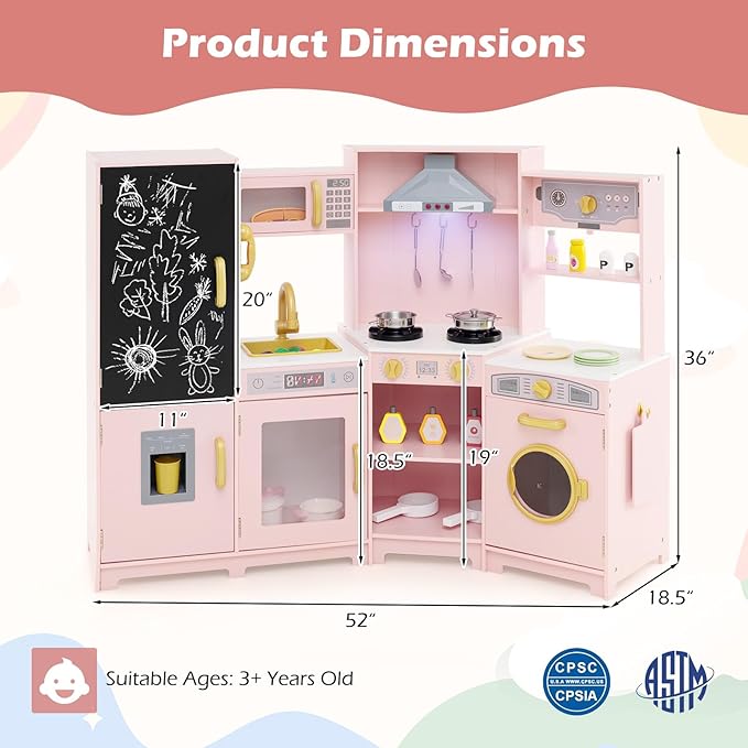Costzon Corner Play Kitchen w/Lights, Sounds, Large Pretend Play Kitchen Set w/Blackboard, Microwave, Cooking Accessories, Wooden Montessori Sensory Toy for Kids 3+ Years Old (Pink)