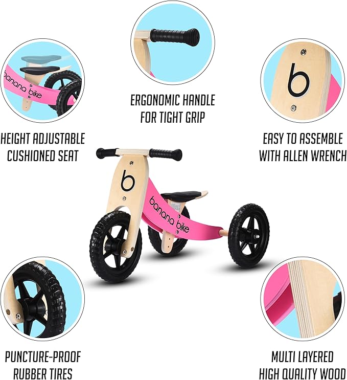 banana bike Wooden Balance Bike - Trike for Toddlers - Ages 6 Months to 6 Years - Long Service Life - Teaches How to Balance and Pedal, Pink Version - 10.23x3.46x3.46 inches