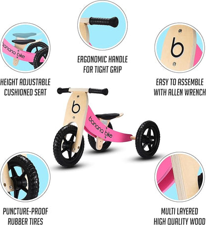 banana bike Wooden Balance Bike - Trike for Toddlers - Ages 6 Months to 6 Years - Long Service Life - Teaches How to Balance and Pedal, Pink Version - 10.23x3.46x3.46 inches