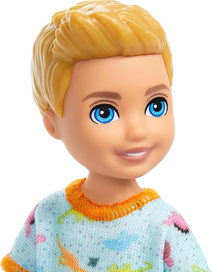 Barbie Chelsea Doll, Small Boy Doll Wearing Removable One-Piece with Dinosaur Print & White Shoes, Blond Hair & Blue Eyes