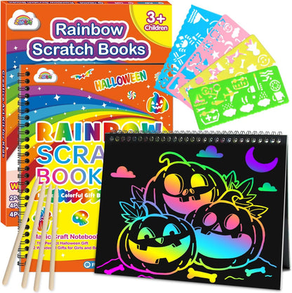 ZMLM Scratch Paper Art-Crafts Gift: 2 Pack Rainbow Notebooks Supplies Toys for 3 4 5 6 7 8 9 10 Years Old Girls and Boys Kids Halloween Birthday Party Games