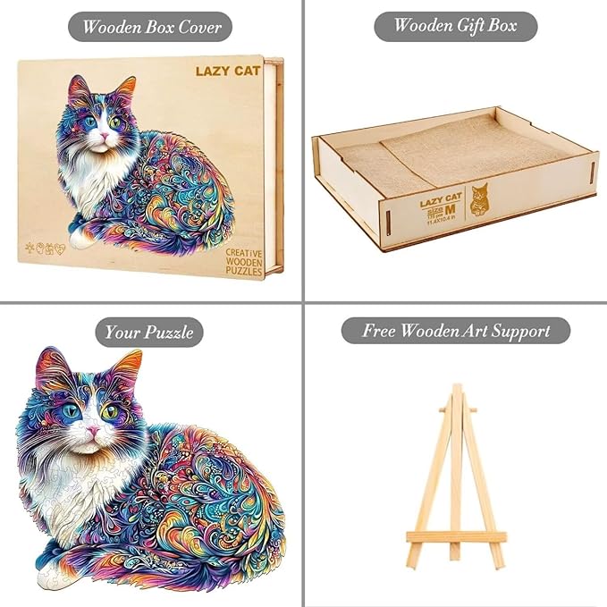 Lazy Cute Cat Wooden Puzzles, Unique Animal Shape Wood Puzzle, Jigsaw Puzzles for Adults Christmas Thanksgiving Gifts for Cat Lovers Friends Family, 95 Pieces 8.5x7.7in