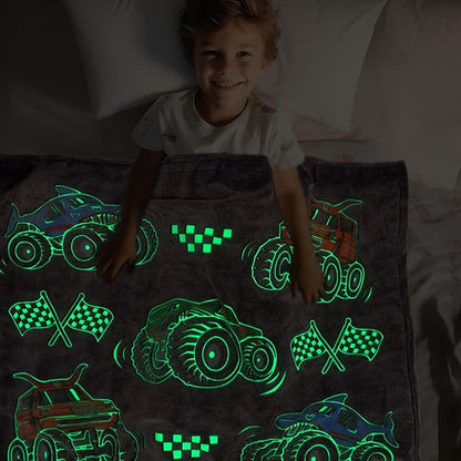 Glow in The Dark Blanket for Kids Cute Truck Boys Blankets for Sofa Couch Bed Birthday Christmas Easter Gifts for Kids Boys